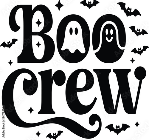 Boo Crew Halloween Typography – Ghosts Inside Letters with Bats & Sparkles in Fun Spooky Style