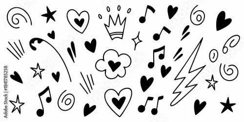 A whimsical collection of hand drawn doodles hearts stars music notes and more