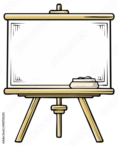 Cartoon illustration of an art easel, blank canvas and eraser