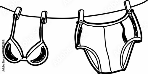 Black and white illustration of lingerie hanging on a clothesline