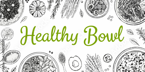 Sketch of healthy bowls with various ingredients and botanical elements
