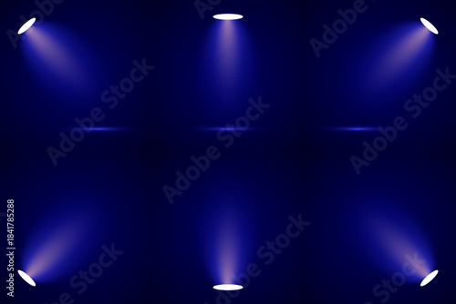 Six spotlights illuminating a dark blue background with purple light beams, creating a stage lighting effect.