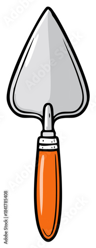 Cartoon illustration of a gardening trowel with an orange handle