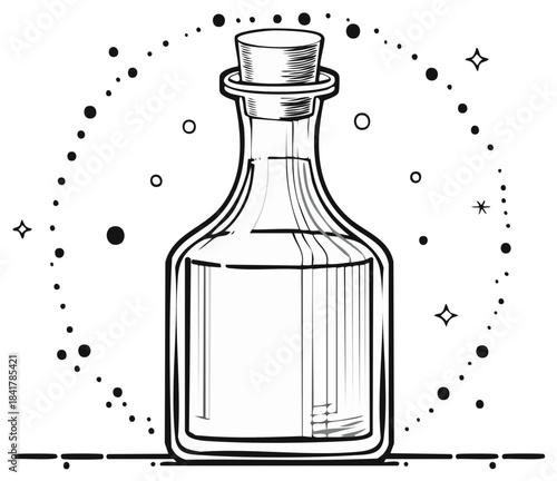 Witchcraft and alchemy symbol of a magic potion in a glass bottle with cork stopper