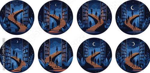 A Digital Painting Concept of People Climbing a Magical, Spiral Staircase to Knowledge in a Vast, Moonlit Library at Night, Symbolic of Learning and Discovery.