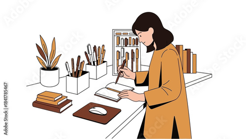 Woman Writing in Notebook at Desk with Pens, Books, and Plant Illustration