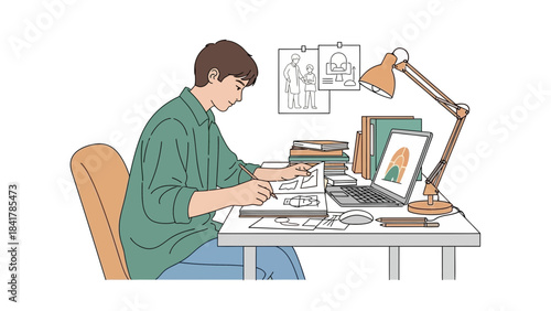 Young man working at his desk drawing with pencil and sketching on paper no comma at the end