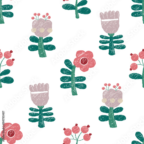  Seamless Pattern Crayon Flowers on white background. Hand-Drawn Floral Ornament. Textured Template Primitive Drawing doodle. Vector illustration. Not AI
