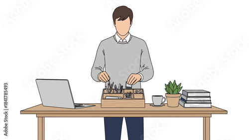 Minimalistic illustration of a person organizing items on a desk, office workspace