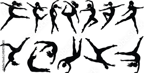 Dynamic female dancer silhouette collection showcasing expressive ballet acrobat and contemporary movement poses for fitness illustration choreography design and creative artwork