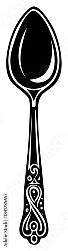 Elegant decorative spoon illustration with intricate handle details monochrome vector art