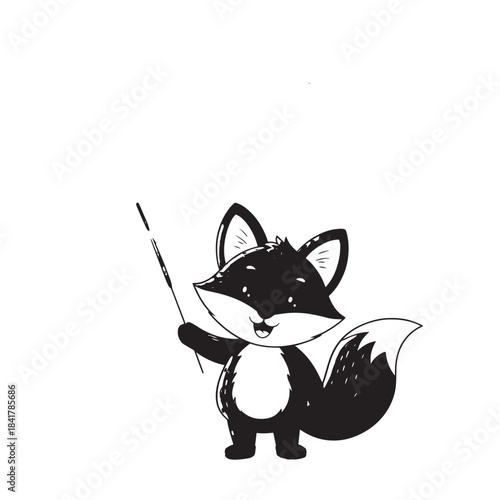 Charming black and white cartoon fox standing with a stick in a simple illustration.