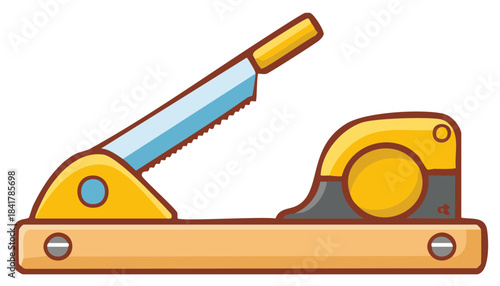 Cartoon illustration of a yellow paper cutter and saw with a blue saw blade