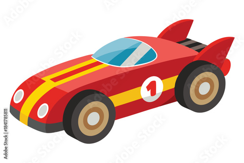 Cartoon race car with number one and yellow stripes appears ready to zoom