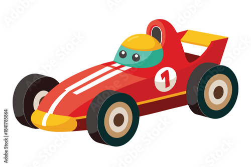 A whimsical red race car with number one showcases cartoonish charm and simple design