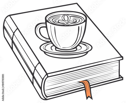 A hot cup of coffee with latte art rests on an open book with a bookmark