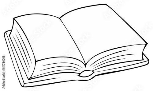 Open book outline drawing, black and white illustration