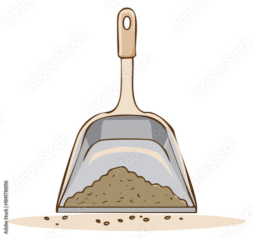 Illustration of a dustpan filled with dirt, representing household cleaning and tidiness