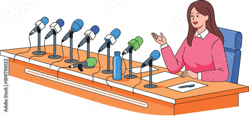 Business Woman or Spokesperson Speaking at Press Conference Table; Presentation Event; Multiple Microphones Ready; Public Relations; Media Interview; Flat Vector Illustration.