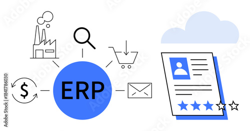 ERP connecting factory, finance, email, shopping, magnifying glass, and customer profile with rating. Ideal for management, efficiency, automation integration technology business organization