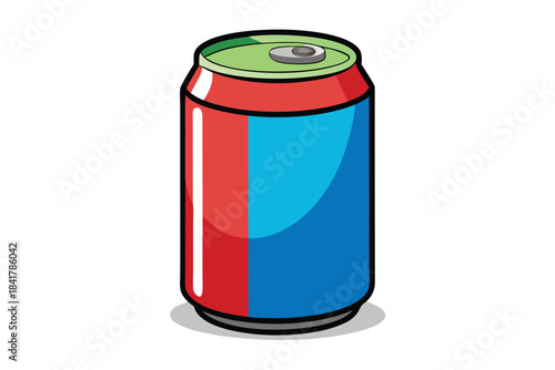 A colorful aluminum beverage can features vibrant red and blue hues across its body