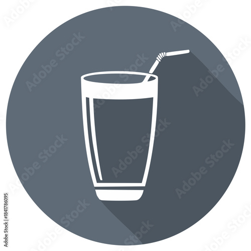 Glass Icon with Drinking Straw in Round Gray Frame and Long Shadow