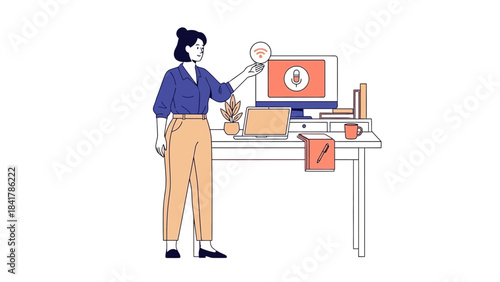 Woman using wireless microphone icon on a computer screen for podcast or online meeting illustration