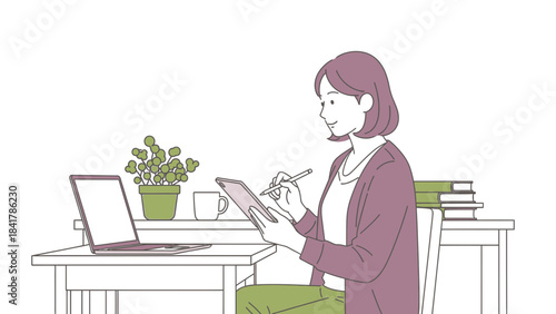 Woman working at a desk using a tablet and laptop, the perfect illustration
