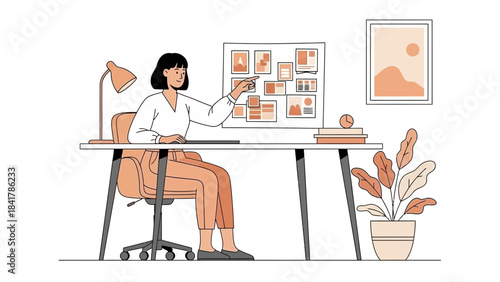 Woman working at a desk pointing at a vision board in her office workspace scene
