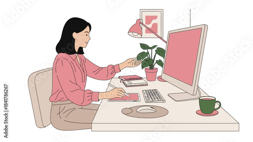 Woman working at a desk with computer and pen tablet, flat illustration in pink colors