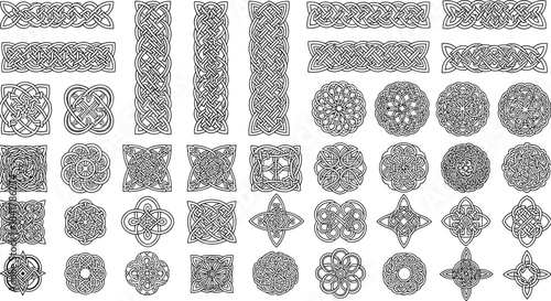 Celtic Knot Line Art and Interlaced Border Vector Icon Collection; Traditional Irish and Scottish Ornament, Mandalas, and Braided Pattern Elements for Decoration.