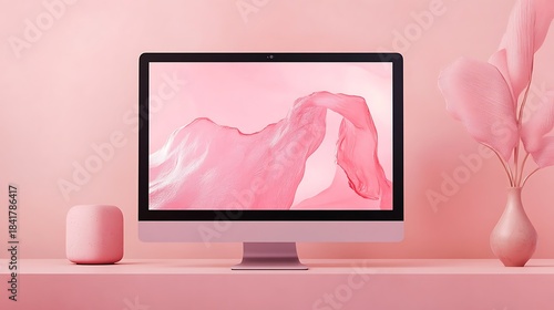 Computer display with abstract pink artwork on a minimalist surface.