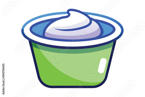 A green container holds creamy white contents with a light blue rim on a white surface