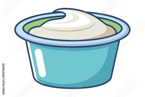 A light blue container overflowing with smooth white cream filling is displayed beautifully