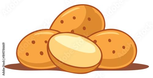 Illustration of a pile of cartoon potatoes with a cut potato in front showing the inside