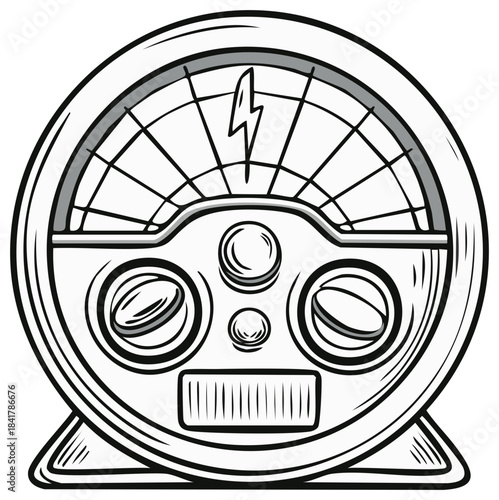 Vintage retro power meter with a lightning bolt symbol in a black and white line art style