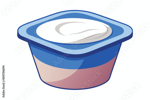 A container of yogurt is depicted with blue and cream colored layers
