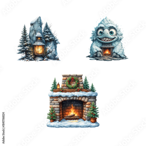 Collection of winter and holiday themed illustrations snowy mountain lantern, cute yeti by fireplace, and stone fireplace with christmas wreath and trees