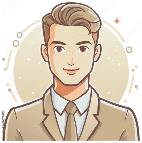 Smiling businessman portrait illustration with warm neutral colors and abstract decorative elements