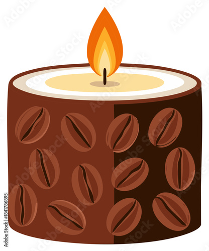 Decorative Coffee Scented Candle with Roasted Beans and Lit Flame Illustration