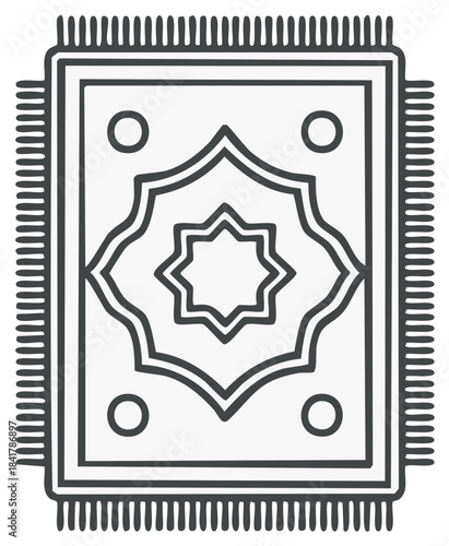 Prayer rug icon with Islamic star and circle designs in minimal line drawing