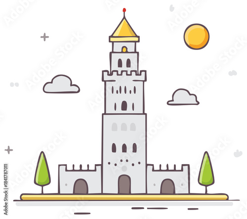 Simple line art illustration of a medieval fairytale castle tower with a golden roof