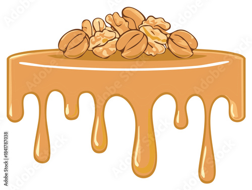 Delicious dripping caramel sauce with nuts on top, a sweet dessert illustration.