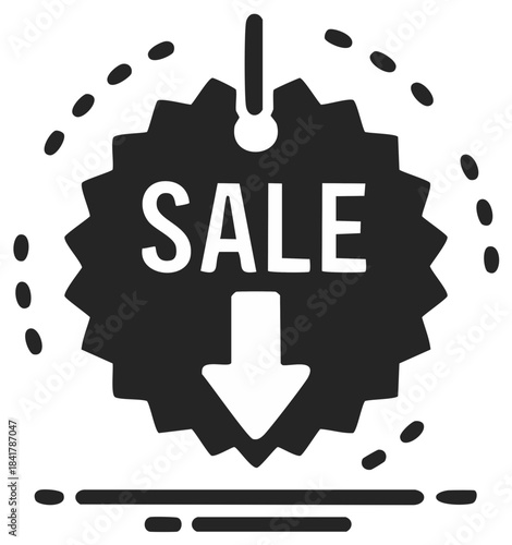Simple graphic illustration of a black jagged sale tag with a downward pointing arrow for discounts