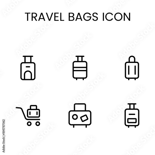 Modern travel bags icon set featuring luggage, suitcases, backpacks, and tourism essentials perfect for apps, branding, websites, and travel projects.
