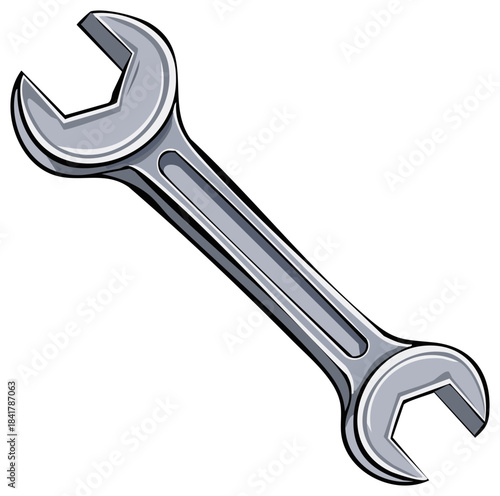 Silver wrench tool angled for tightening and loosening bolts and nuts in automotive repair.