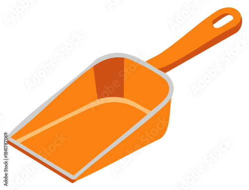 Isometric orange plastic scoop with handle and hollow space, tool used for food, pet food, or granular substance, close-up