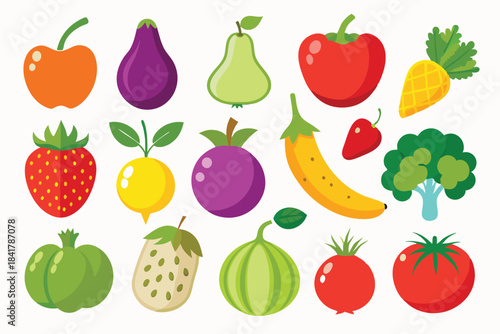 Colorful assortment of stylized fruits and vegetables offers a vibrant, appealing look to healthy eating