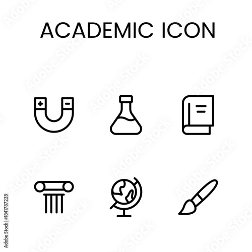 Academic icon set featuring books, graduation caps, learning tools, education symbols and study elements perfect for apps, websites, branding and digital projects.