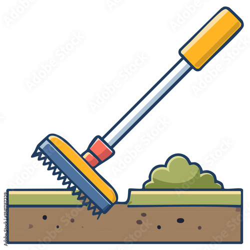 Garden rake cultivating soil next to green bush and grass layers